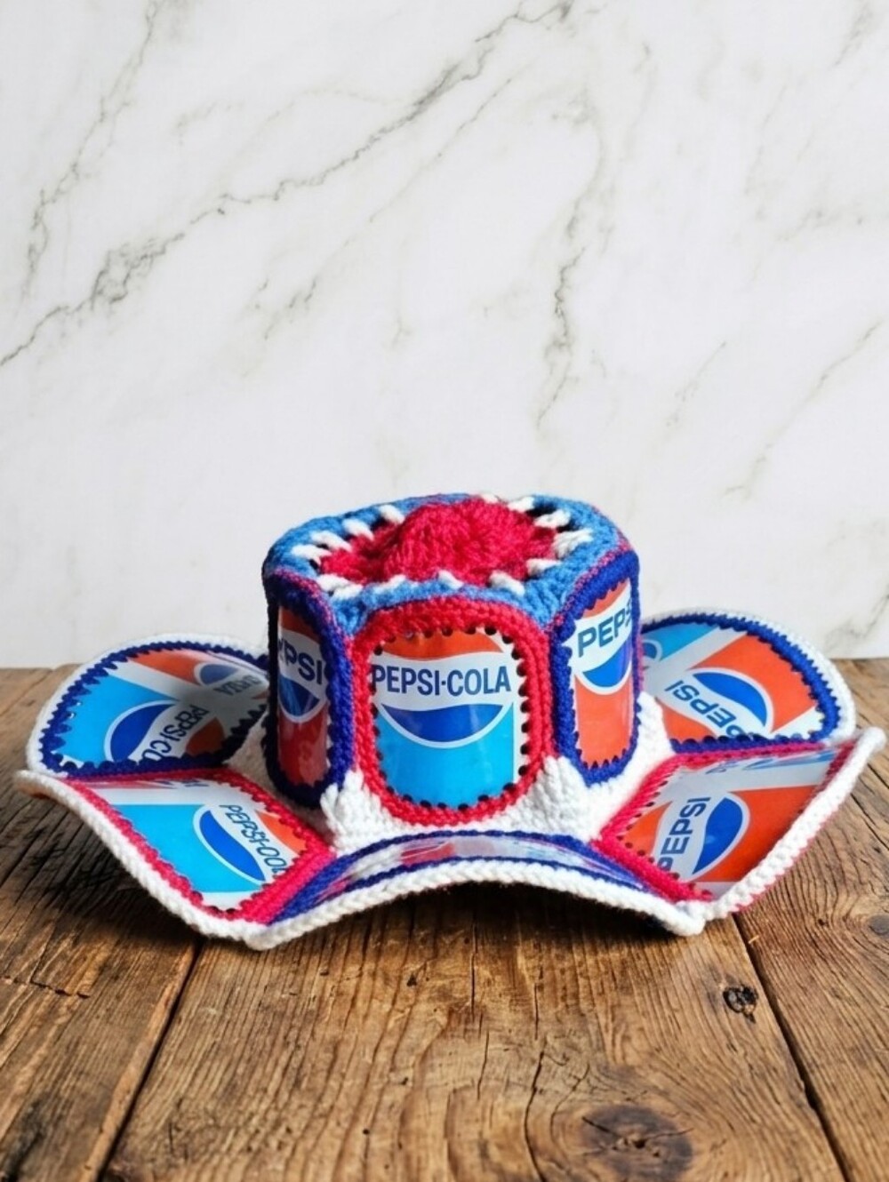 Rare Pepsi Soda Can Crochet Vintage Unisex Bucket Hat - 70s Retro Pop